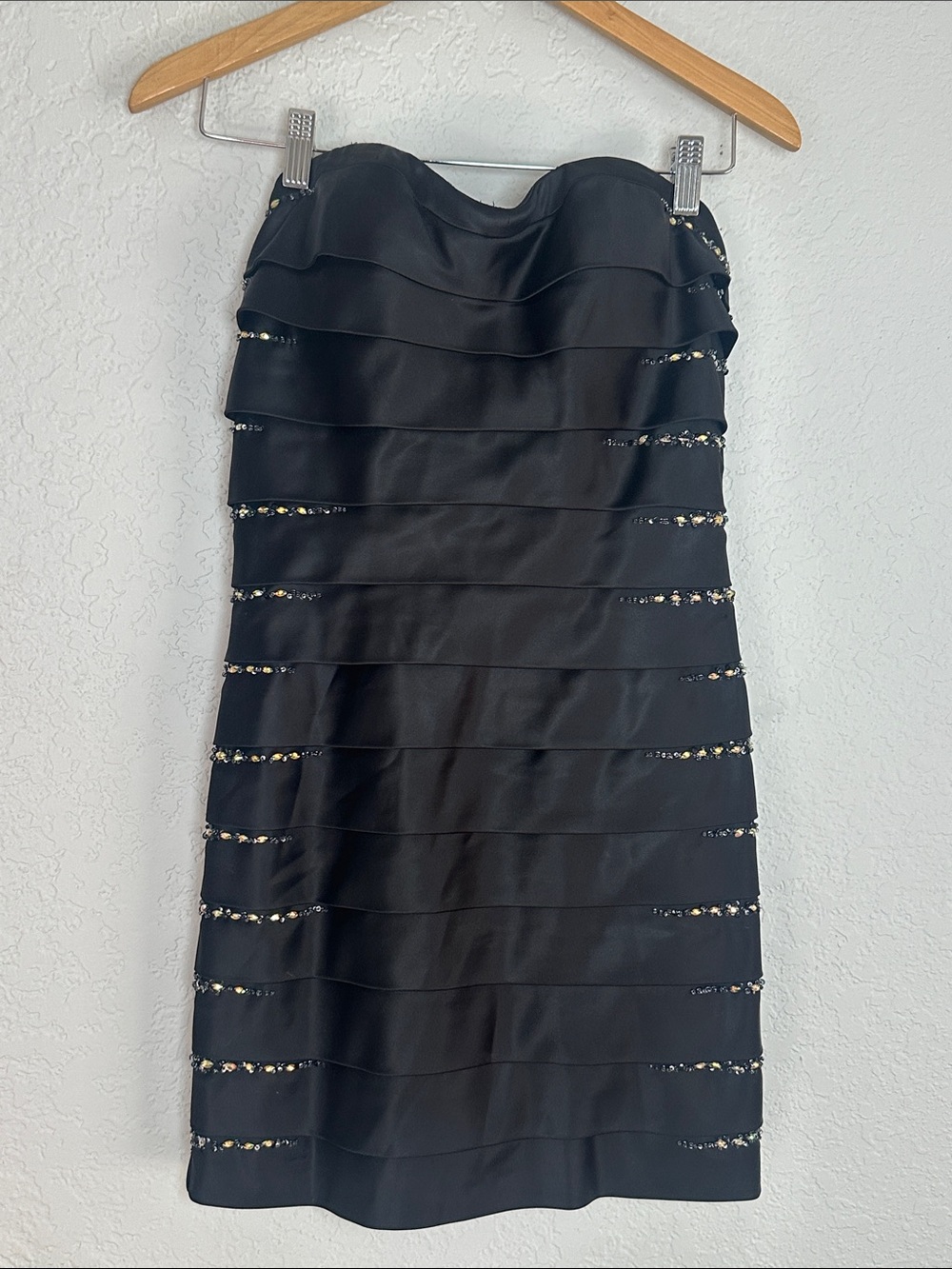 La Femme Black Strapless Bandage Dress Rhinestone Sequins Layered Satin Size 8